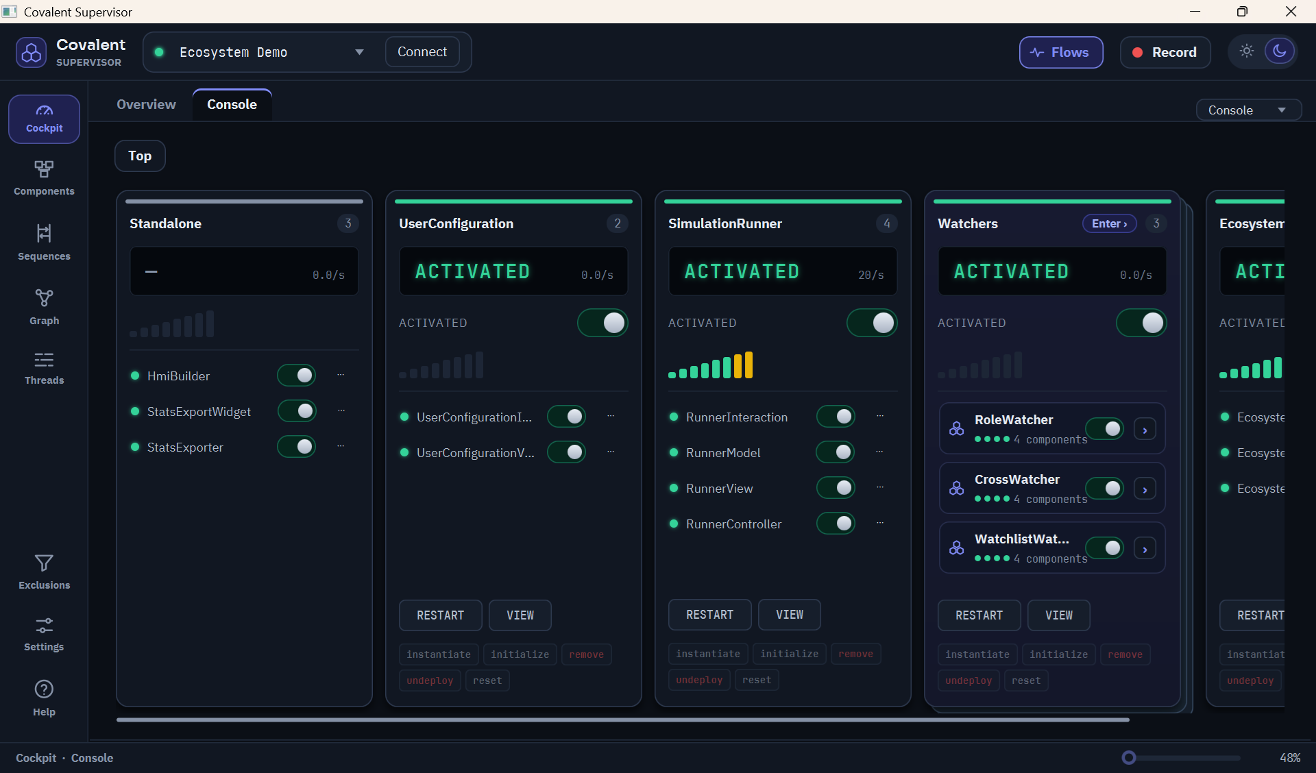 Console: driving components level by level, through composite channels