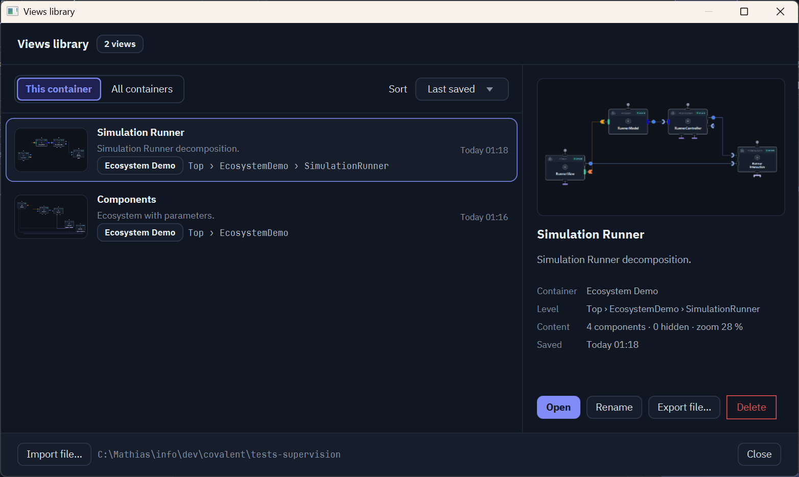 Views library: the saved views of a container, with a thumbnail